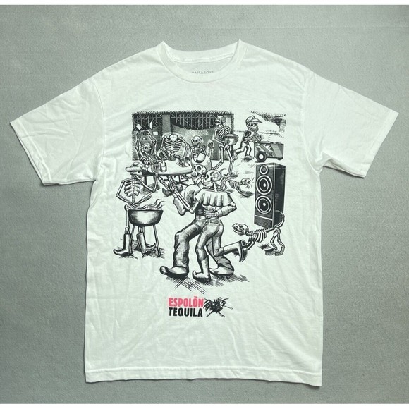 Paisaboys T-Shirt Men's Medium White Espolon Tequila Skeleton Party - Picture 1 of 7